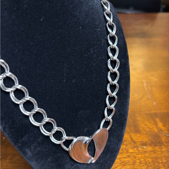 Silver Tone Open Heart Link Necklace | Chunky Statement Chain - Picture 3 of 6